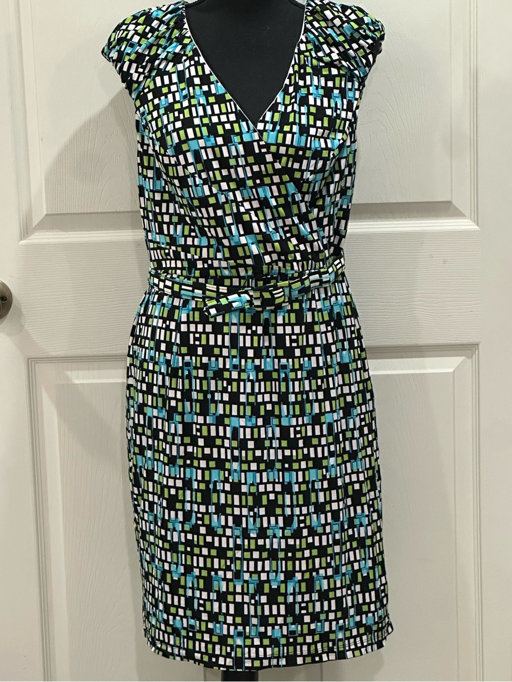 Cato Black Wrap Midi Dress with Blue and Green Geo Print